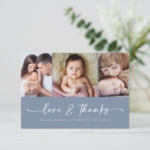 Liebe und Dank Blue Modern Three Foto New Baby Dankeskarte