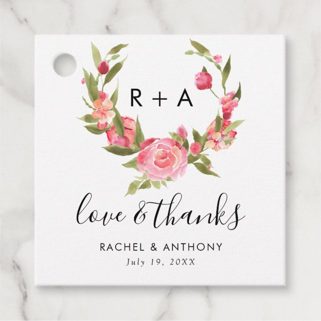 Liebe und Dank Blush Pink Rose Hochzeitsskript Geschenkanhänger (Vorderseite)