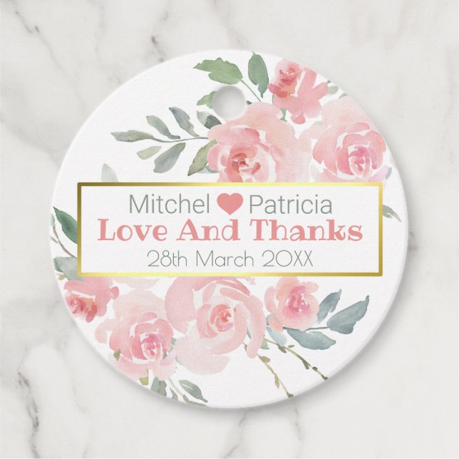 Liebe und dank der Hochzeit in Rosa und Grün. Geschenkanhänger (Vorderseite)