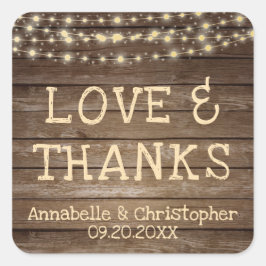 Liebe und DANK der Hochzeit rustikaler Holzsaiten Quadratischer Aufkleber