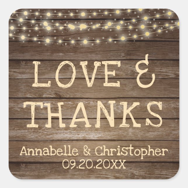 Liebe und DANK der Hochzeit rustikaler Holzsaiten Quadratischer Aufkleber (Vorderseite)