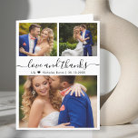 Liebe und dank Foto Collage Script Hochzeit Dankeskarte<br><div class="desc">Minimalistisch Elegant Moderne "Liebe und danke" Script Foto Hochzeit danke geklappte Karte. Stilvolle Dankeschön Kartenvorlage mit drei Fotos vorne und einem Foto innen. Mit dem Text "Liebe und Dank" in einer Wirblen Hand geschrieben Typografie Swash Schwanz Schriftart Skript in schwarz auf weißem Hintergrund. Einfach zu personalisieren mit individuelle Name und...</div>