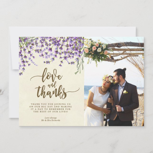 Liebe- und Dank-Fotokartenlavendel-Blumen Dankeskarte (Vorderseite)