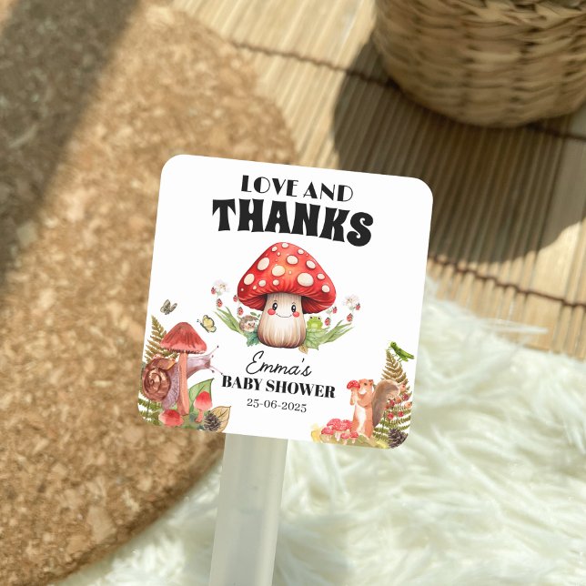 Liebe und Dank Fungi Mushroom Moth Baby Dusche Quadratischer Aufkleber (Love and Thanks Fungi Mushroom Moth Baby Shower )
