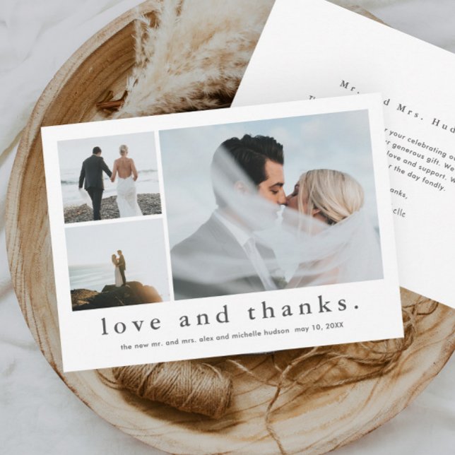 Liebe und Dank für das HochzeitsFoto Dankeskarte (Simple black and white love and thanks 3 photo collage wedding thank you card.)