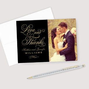Liebe und Dank Gold Script Black Wedding Foto Dankeskarte