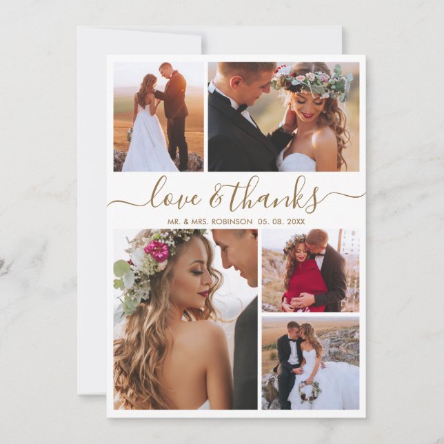 Liebe und Dank Gold Script Foto Collage Hochzeit Dankeskarte (Vorderseite)