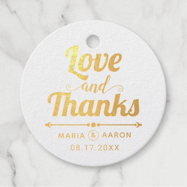 Liebe und Dank Goldfolie Typografie Hochzeit Geschenkanhänger (Vorderseite)