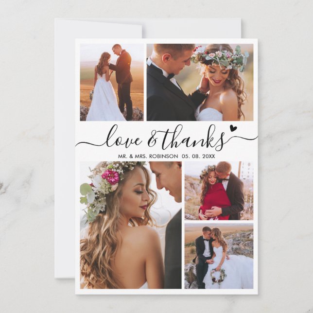 Liebe und dank Herz-Script Foto Collage Hochzeit Dankeskarte (Vorderseite)