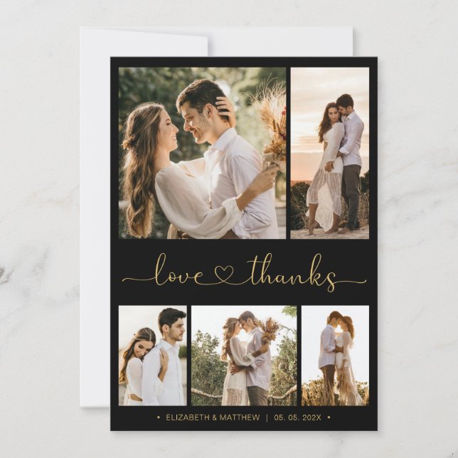 Liebe und dank Herz-Script Foto Collage Hochzeit Dankeskarte (Vorderseite)