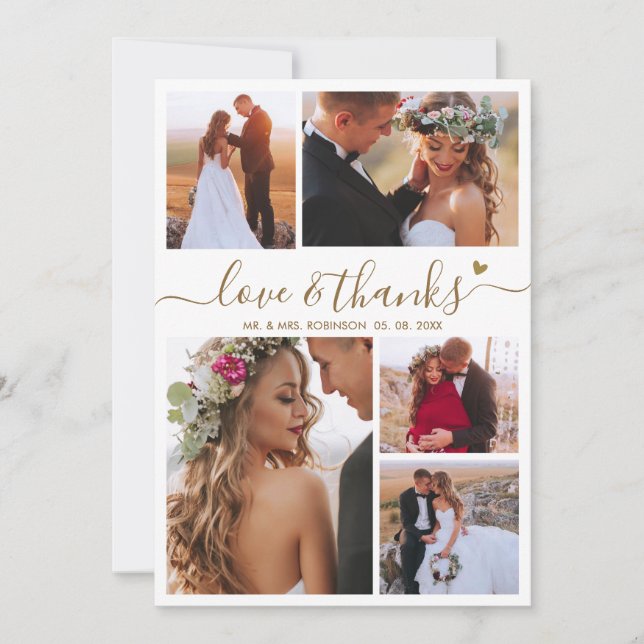 Liebe und dank Herz-Script Foto Collage Hochzeit Dankeskarte (Vorderseite)