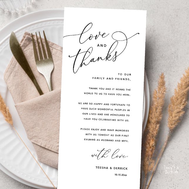 Liebe und Dank, Hochzeits-Dinner-Dankeskarten Programm (Love and Thanks, Wedding Romantic Reception Thank You Card in Black and White)