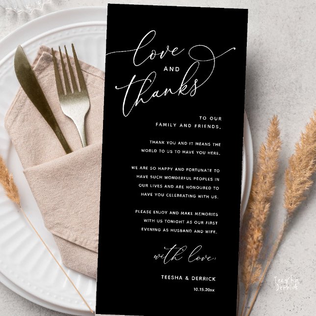 Liebe und Dank, Hochzeits-Dinner-Dankeskarten Programm (Love and Thanks, Wedding Romantic Reception Thank You Card in Black and White)