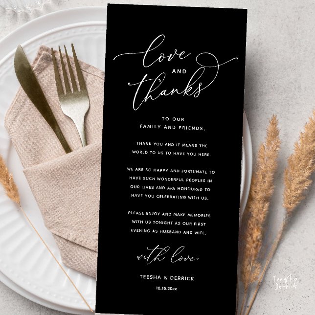 Liebe und Dank, Hochzeits-Dinner-Dankeskarten Programm (Love and Thanks, Wedding Romantic Reception Thank You Card in Black and White)