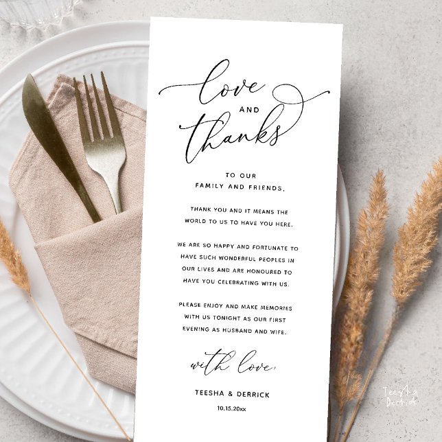 Liebe und Dank, Hochzeits-Dinner-Dankeskarten Programm (Love and Thanks, Wedding Romantic Reception Thank You Card in Black and White)