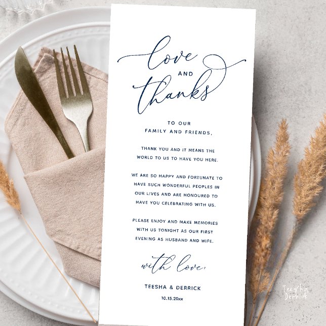 Liebe und Dank, Hochzeits-Dinner-Dankeskarten Programm (Love and Thanks, Wedding Romantic Reception Thank You Card in Navy Blue)