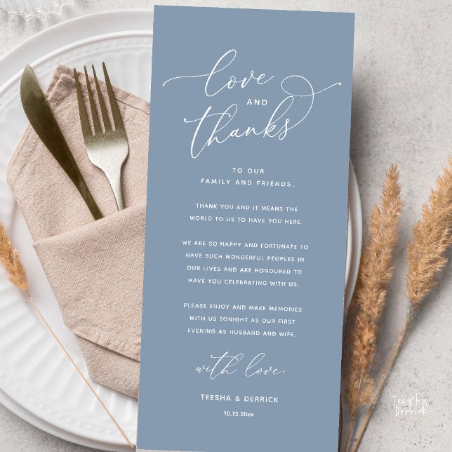 Liebe und Dank, Hochzeits-Dinner Danksagungskarte Programm (Love and Thanks, Wedding Romantic Reception Thank You Card in Dusty Blue)
