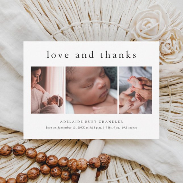 Liebe und Dank Minimal 3 Fotocollage Neues Baby Dankeskarte (Simple typographic love and thanks 3 photo birth announcement baby thank you card.)