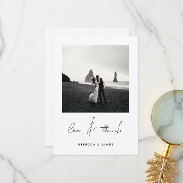Liebe und Dank Minimal Calligrafy Foto Hochzeit Dankeskarte (Vorderseite/Rückseite Beispiel)
