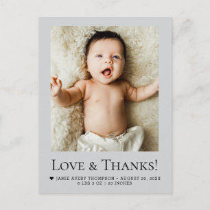 Liebe und Dank Mod Grau Baby Foto Geburt Postkarte