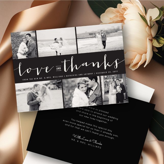 Liebe und dank modernem Script 6 Foto Hochzeit Dankeskarte (Love And Thanks Modern Classic Script 6 Photo Collage Wedding Thank You Card @ fatfatin_blue_knot)