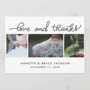 Liebe und Dank Niedlicher Script Hochzeit drei Fot Dankeskarte