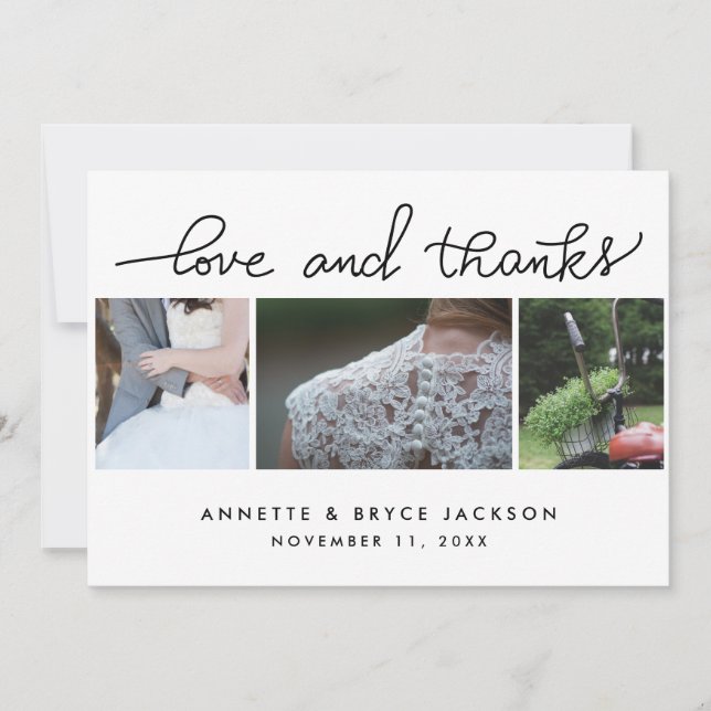 Liebe und Dank Niedlicher Script Hochzeit drei Fot Dankeskarte (Vorderseite)