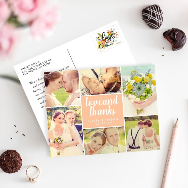 Liebe und Dank Peach Wedding Foto Collage Postkarte (Von Creator hochgeladen)