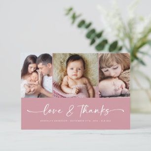 Liebe und Dank   Pink Modern Three Foto New Baby Dankeskarte
