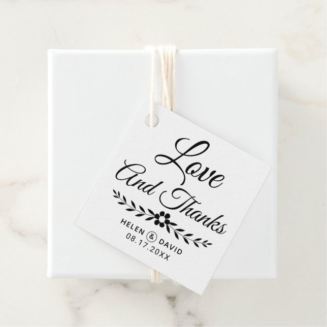 Liebe und Dank schwarzer Typografie, Blume Hochzei Geschenkanhänger (Beispiel)