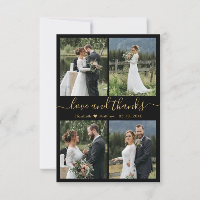 Liebe und dank Script Black Gold Collage Hochzeit Dankeskarte (Vorderseite)