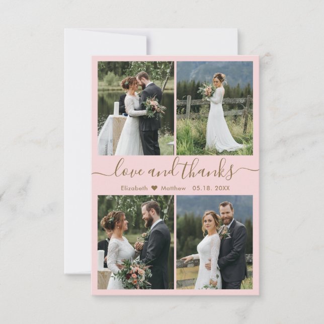Liebe und Dank Script Blush Foto Collage Hochzeit Dankeskarte (Vorderseite)