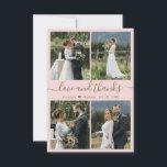 Liebe und Dank Script Blush Foto Collage Hochzeit Dankeskarte<br><div class="desc">Elegante, minimalistische rot Rosa und Gold handgeschriebene Foto Collage personalisiert Hochzeit Dank Karte. Stilvolle Hochzeit dank Karte Vorlage mit vier (4) Foto auf der Vorderseite und ein (1) Foto auf der Rückseite. Mit dem Text "Liebe und Dank" in einer Wirblen Hand gezeichnete Typografie Swash Schwanz Schriftart-Skript in goldener Farbe auf...</div>