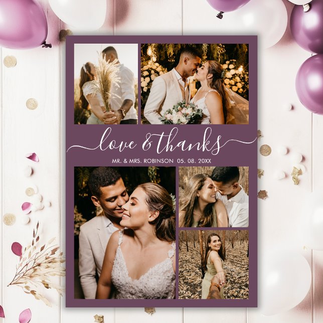 Liebe und Dank Script Mauve Foto Collage Hochzeit Dankeskarte (Von Creator hochgeladen)