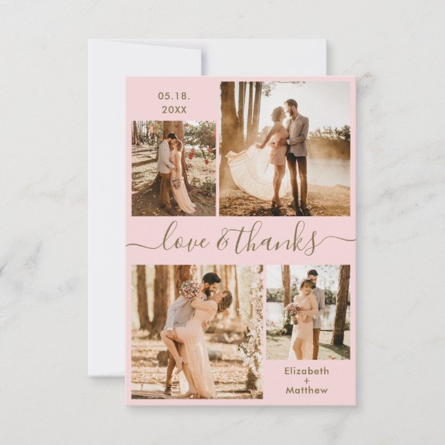 Liebe und dank Script Pink Gold Collage Hochzeit Dankeskarte (Vorderseite)