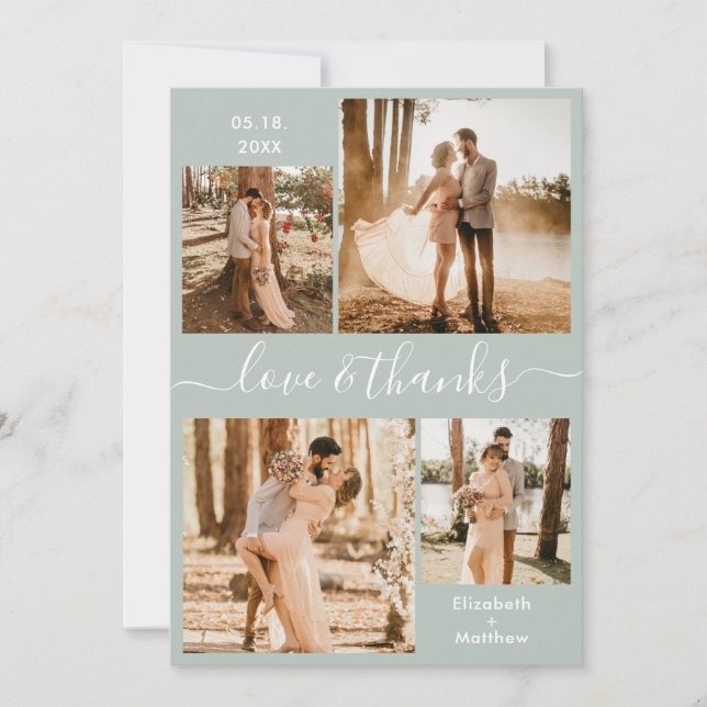 Liebe und dank Script Sage Green Collage Hochzeit Dankeskarte (Vorderseite)