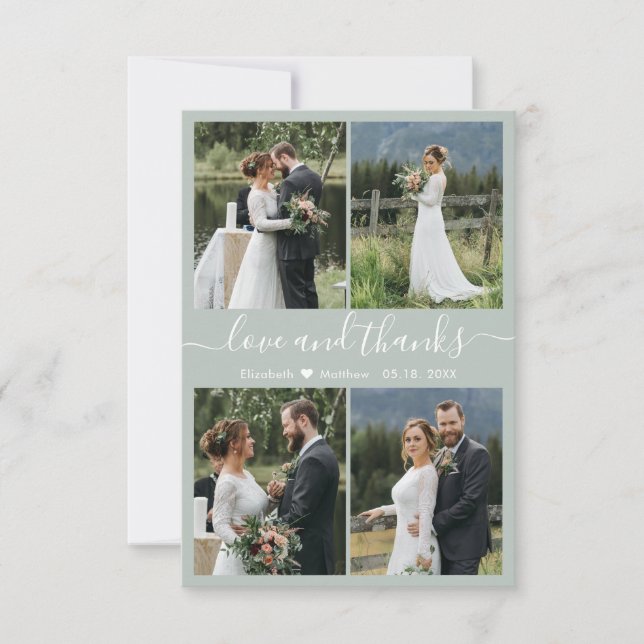 Liebe und dank Script Sage Green Collage Hochzeit Dankeskarte (Vorderseite)
