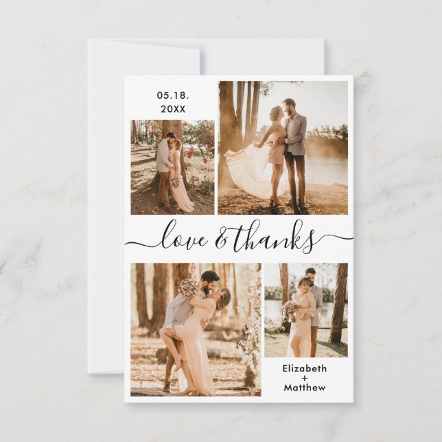 Liebe und Dank Script Schwarz-weiß Collage Wedding Dankeskarte (Vorderseite)