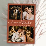 Liebe und dank Script Terracotta Wedding Dankeskarte<br><div class="desc">Elegante, moderne Terracotta Hand Lettered Foto Collage Wedding Dankeschön Card. Stilvolle Hochzeit dank Karte Vorlage mit drei Foto auf der Vorderseite und ein Foto auf der Rückseite. Mit dem Text "Liebe und Dank" in einer Wirblen Hand schreiben Typografie Skript-Schriftart auf erdigen Terrakotta, Rost verbrannt orange Hintergrund. Personalisieren Sie den individuelle...</div>