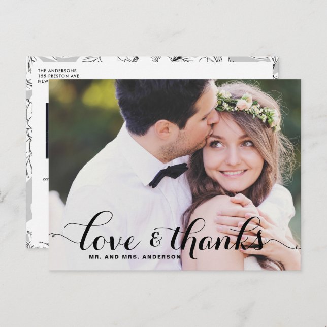 Liebe und Dank Whimsical Script Foto Hochzeit Postkarte (Vorne/Hinten)