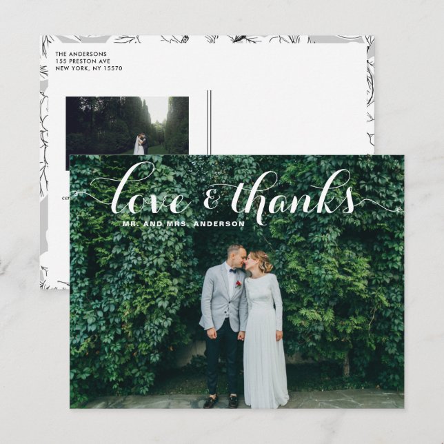 Liebe und Dank Whimsical Script Foto Hochzeit Postkarte (Vorne/Hinten)