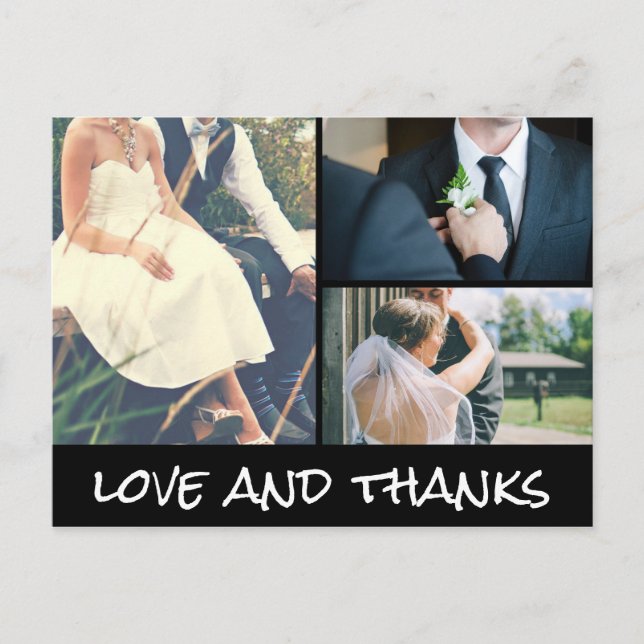Liebe und Dank White Script Drei Hochzeit Foto Postkarte (Vorderseite)