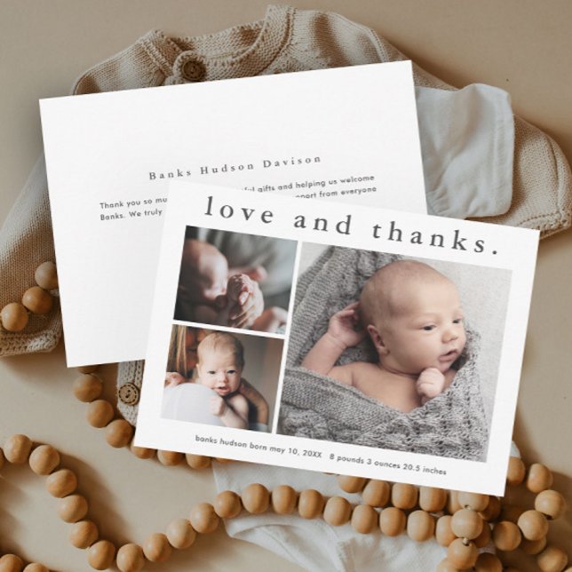 Liebe und danke 3 Foto Baby Danke Karte (Simple Typography Love and Thanks 3 Photo Collage Baby Announcement Thank You Card.)
