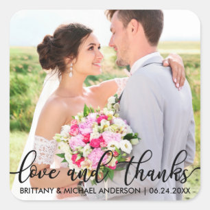 Liebe und danke Moderne Hochzeit Danke Foto B Quadratischer Aufkleber