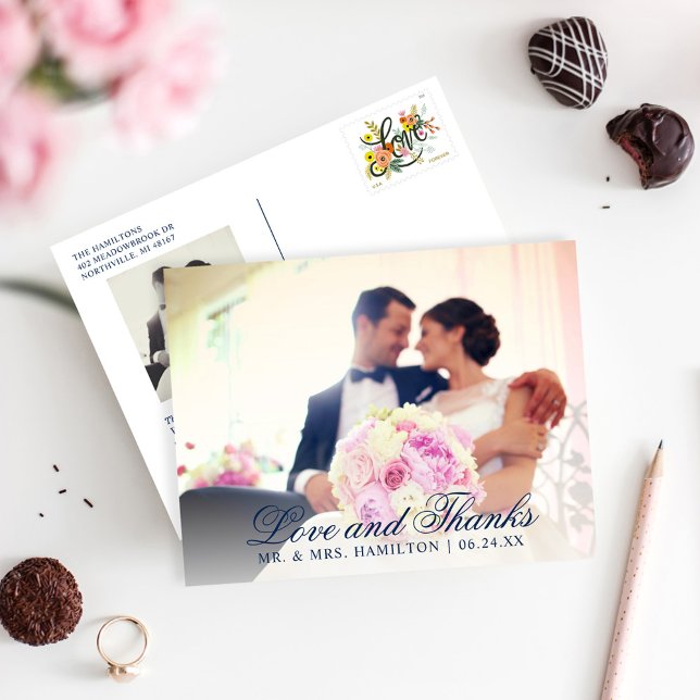 Liebe und danke Navy Blue Wedding Foto Vielen Dank Postkarte (Von Creator hochgeladen)