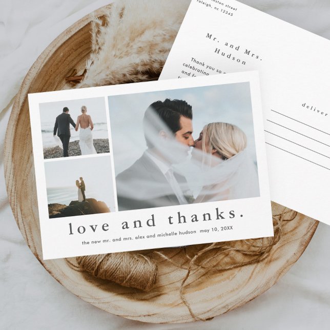 Liebe und danke Wedding Foto Vielen Dank Postkarte (Simple black and white love and thanks 3 photo collage wedding thank you postcard.)