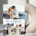 Liebe und Dankeschön Script 3 Foto Collage Wedding Dankeskarte<br><div class="desc">Moderne Minimalistische Elegant "Liebe und danke" Script 3 Foto Collage Wedding Dankeschön Karte. Stilvolle Hochzeit danke Ihnen Karte Vorlage mit 3 (drei) Foto auf der Vorderseite und ein (1) Foto auf der Rückseite. Mit dem Text "Liebe und Dank" in einem Wirblen Hand Schrift-Schrift-Schriftart mit Swash-Schwanz in schwarz auf weißem Hintergrund....</div>