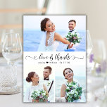 Liebe und Dankeschön-Script-Hochzeit 3 FotoCollage Dankeskarte<br><div class="desc">Modern, elegant, Liebe und Danke Script 3 Foto Collage Wedding Dankeschön Card. Stilvolle Hochzeit dank Karte Vorlage mit drei (3) Foto auf der Vorderseite und ein (1) Foto auf der Rückseite. Mit dem Text "Liebe und Dank" in einer Wirblen kursiven Hand Letterkalligraphie oder Typografie Skript-Schriftart in schwarz auf weißem Hintergrund....</div>