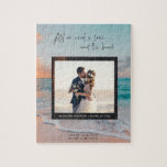 Liebe und das Beach Wedding Foto Puzzle<br><div class="desc">Hochzeitsgebet-Puzzle für eine Hochzeit in Urlaubsort am Strand. Passen Sie mit dem Hintergrund Foto (oder verwenden Sie Sample Sunset am Strand) und fügen Sie Ihre Hochzeit Foto, Namen, Hochzeitstag, Hochzeitsort und Koordinaten. Um die Koordinaten Ihres Hochzeitsorts zu erhalten - suchen Sie einfach den Namen des Ortes und die Koordinaten des...</div>
