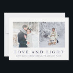 Liebe-und des Licht-| modernes Chanukka zwei Foto Feiertagskarte<br><div class="desc">Diese elegante,  einfache Chanukka-Karte kennzeichnet zwei Ihrer persönlichen Fotos und die Wörter "Liebe und Licht" im blauen Mitternachtstext. Die Rückseite enthält einen modischen belaubten Entwurf für einen total stilvollen Feiertagsblick.</div>